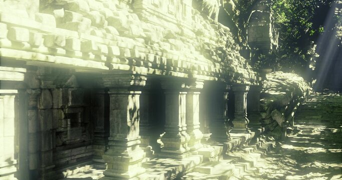 flooded ancient temple pillars mirrored water, moss covered stone corridor bathed in warm light, dense jungle foliage encroaching on carved facades, soft mist