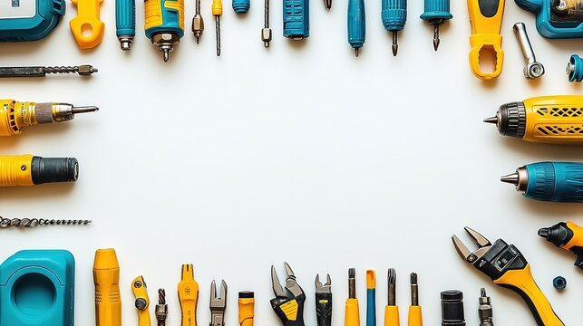 Assorted Hand and Power Tools Arranged on White Background