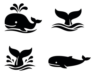 Obraz premium Simple graphic whale icon set featuring spouting whales and splashing tails for marine life design