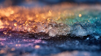Fototapeta premium Rainbow ice landscape: Witness nature's artistry as ice crystals glisten with a spectrum of colors, mirroring a rainbow's embrace in a mesmerizing dance of light and form.