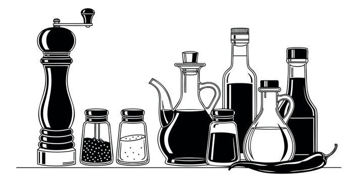Hand drawn line art kitchen condiments set featuring a pepper mill, shakers, oil and vinegar bottles, and a chili pepper for cooking and meal preparation