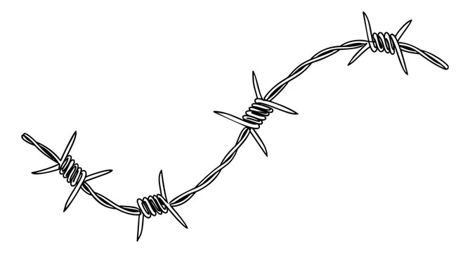 Hand drawn line art illustration of barbed wire depicting a twisted strand for security and border designs