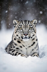 Obraz premium Majestic Snow Leopard Rests Gracefully Amidst Falling Snowflakes in a Serene Winter Landscape, Evoking a Sense of Tranquility and Wild Beauty Generative AI