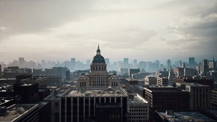 moody city skyline with domed capitol, aerial survey for urban planner, rooftop inspection scene, editorial architecture shoot, overcast light with film grain © icetray