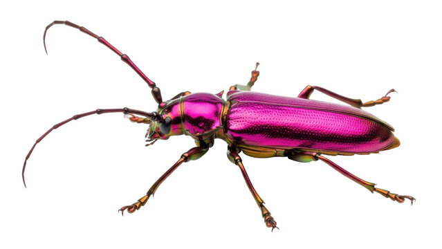Isolated colorful longhorn beetle with iridescent elytra and long antennae standing sideways