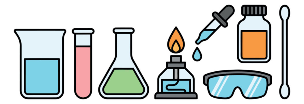 Cartoon line art science laboratory equipment set featuring glassware and experiment tools for chemistry and education