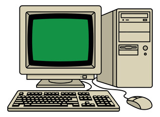 Fototapeta premium Hand drawn illustration of a retro desktop computer depicting a green screen for nostalgic technology
