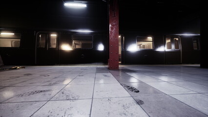 A deserted subway platform stands silently under dim lights late at night. Trains loom in the shadows, highlighting scattered footprints on the tiled floor. © icetray