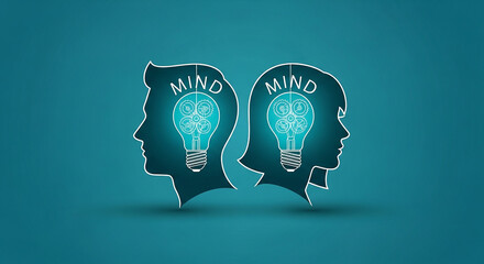 Two heads sharing innovative ideas with lightbulbs