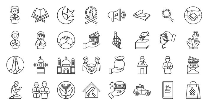 Eid mubarak outline icon set. Contain paying zakat, takbeer, khutbah,  eid prayers, reading quran, infaq, tasbeeh, tahmid, tahlil, istighfar, apologizing, homecoming.