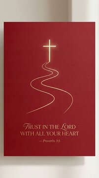 Minimal path leading to cross drawn in elegant gold line, soft foil shine, matte red background, luxury Christian poster, Bible verse &ldquo;Trust in the Lord with all your heart &mdash; Proverbs 3:5&rdquo;

