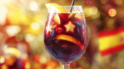 A glass of sangria with fresh citrus and berries, evoking warm Spanish National Day celebrations.