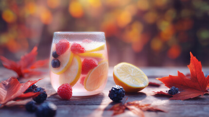 A glass of sangria with fresh citrus and berries, evoking warm Spanish National Day celebrations.