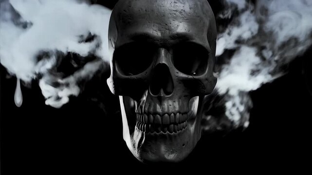 Dark skull rendered in 3D against black background surrounded by flowing ethereal smoke or vapor clouds adding mystical dimension