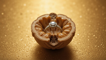 A walnut cut in half, with an engagement ring in place of the pit, on a metallic golden background. 