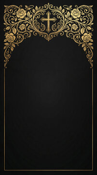 Elegant Gold Rose Frame with Cross on Dark Background