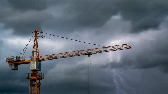 Tall Tower Crane Standing During Heavy Thunderstorm With Lightning Strikes Against Dark Sky