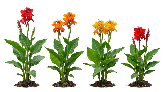 canna lily, flowering plant, flower, garden, tropical, isolated, botanical set of red orange and yellow canna lilies with green leaves and soil on a dark black background.