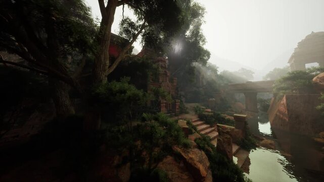 Ancient temple stairs beside misty river, sun rays piercing canopy, carved stone steps and bridge over narrow water, overgrown vines and moss, atmospheric haze