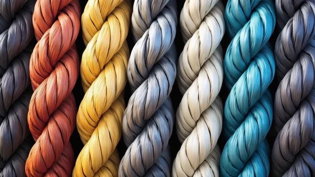 Different colors of ropes are shown closely, highlighting how each color changes the look. The textures and patterns vary in each frame, providing an interesting view.