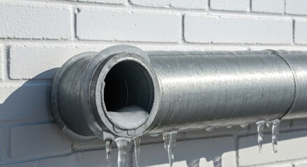 Frozen pipe dripping icicles against a white brick wall