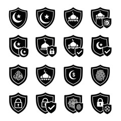 Fototapeta premium Collection of black and white shield icons with Islamic symbols and security elements, representing protection and cultural identity.