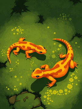 Two fire salamanders on mossy ground. Fire Salamander. Illustration