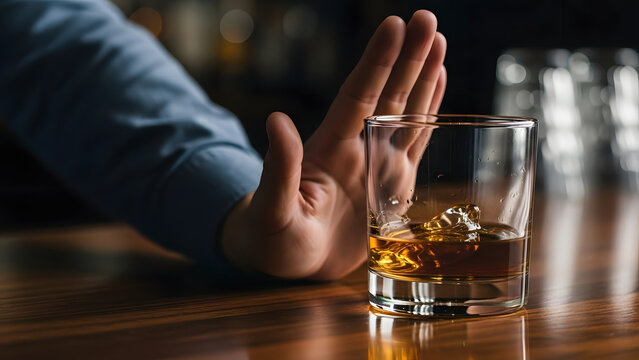 Man hand making stop gesture to glass of whiskey on bar