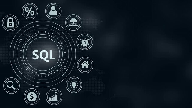SQL Database Technology Concept with Icons and Data Flow on Dark Background structured query language