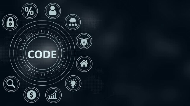 Computer Code Development Concept with Icons and Data Flow on Dark Background programming software