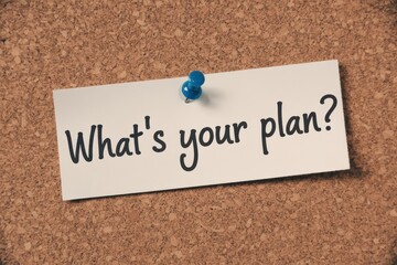 "What's your plan?" note pinned on a corkboard.