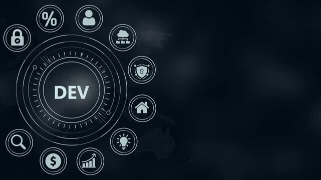 Software Development Concept with Icons and Data Flow on Dark Background technology digital