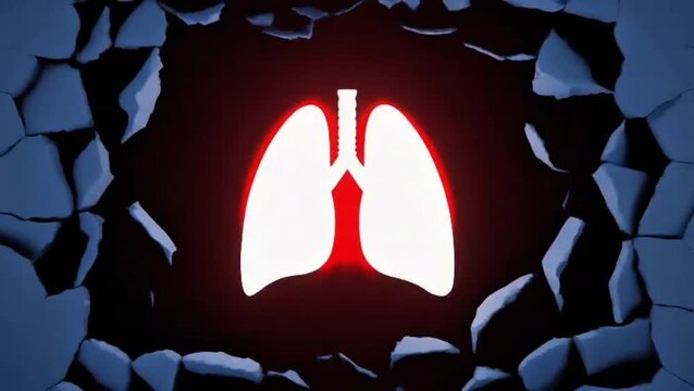 Glowing lungs emerge through shattered wall in a dark environment from a frontal viewpoint