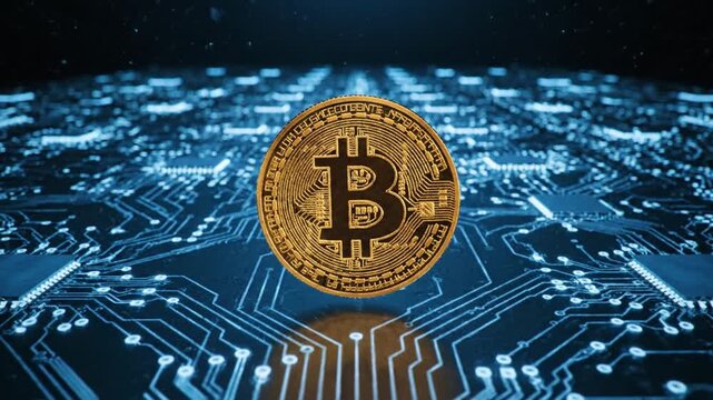 Golden digital currency symbol on a glowing circuit board, representing the concepts of cryptocurrency, blockchain technology, and the future of global finance
