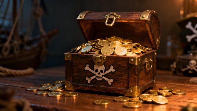 Open wooden treasure chest filled with gold coins, featuring a skull and crossbones emblem, set on a wooden table with scattered coins and pirate-themed background.