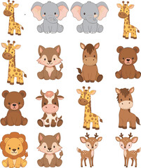 Collection of cute baby animal characters including giraffe, elephant, lion, deer, bear, and cow illustrations for children's design on white. © Nayeem