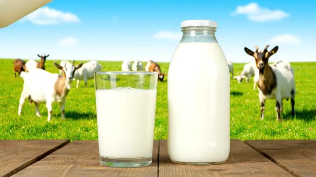 goats grazing in green pasture with bottle and glass of milk on wooden table under blue sky