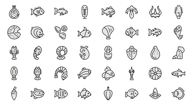 Collection of Simple Line Drawings of Various Sea Creatures and Objects.