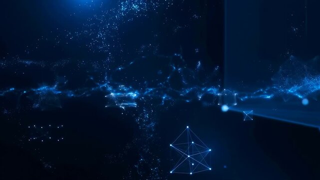 Abstract blue digital particles and geometric shapes floating in a dark space. Represents technology, innovation, and data visualization in a futuristic context
