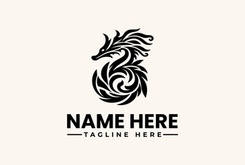 A black and white dragon logo illustration with flowing mane and customizable text on a beige background, featuring a stylized icon design. © vectorvovdesign