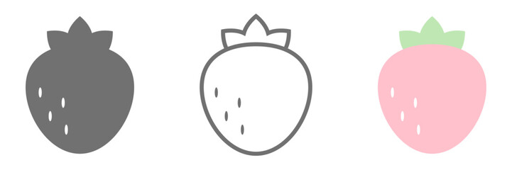 いちごアイコン3種セット（カラー・線画・モノクロ）