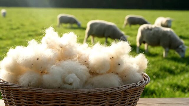 sheep grazing in green meadow with basket of raw wool in foreground
