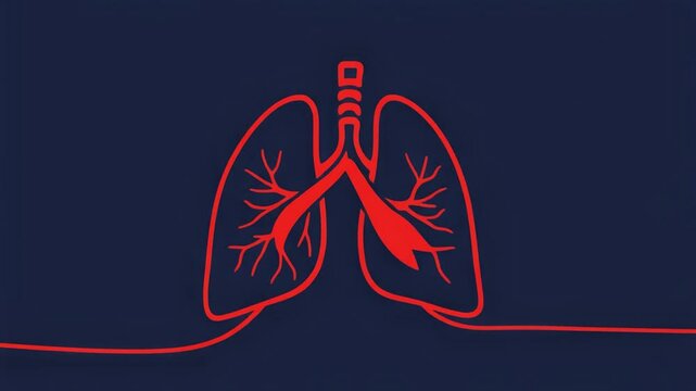 Illustration of human lungs and trachea in red outline on dark blue background viewed from the front