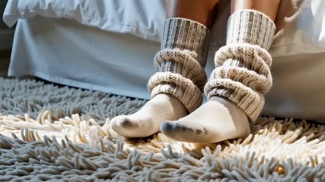 Close-up of cozy feet wearing thick knitted socks on a soft textured rug in a warm, well-lit room