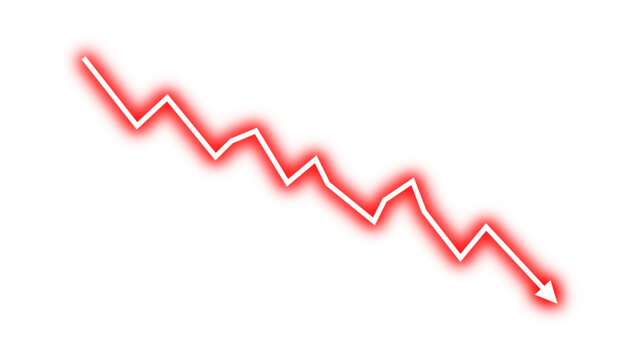 Neon glowing down fall red arrow line graph financial loss concept, stock market fall, business loss, market crash, economic loss. Red business arrow downward direction vector illustration.