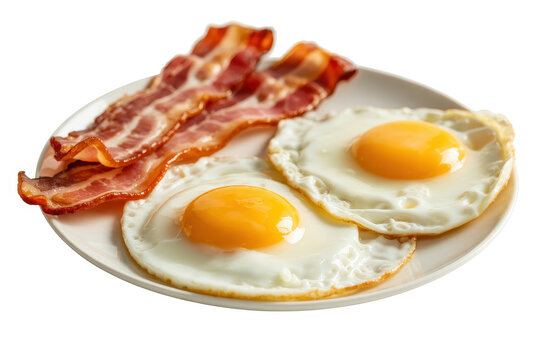 Fried eggs and crispy bacon on a white plate breakfast