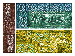 Hand Painted Watercolor Tropical Folk Tile Elements Set, Ethnic Tribal Patchwork Blocks with Botanical Leaves, Exotic Jungle © HoyaBouquet