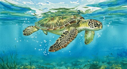 Obraz premium 陽光きらめく水面から差し込む光が美しい透明な海中を優雅に泳ぐウミガメ 鮮やかな緑の甲羅と気泡が織りなす神秘的な水中世界. AI Generated