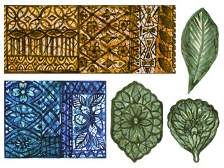 Handcrafted Watercolor Tropical Ornament Tiles and Botanical Motifs, Folk Art Jungle Patchwork symbol Ethnic Decorative © HoyaBouquet