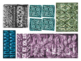 Artistic Watercolor Ethnic Tile and Botanical Elements Set, Tribal Folk Jungle watercolor, Hand Drawn Decorative © HoyaBouquet